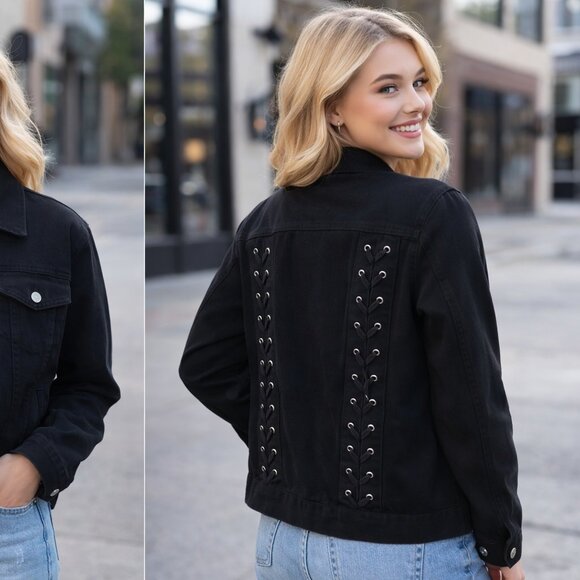 PacSun Jackets & Blazers - PacSun Los Angeles Jean Jacket Womens Size Small Black Braided Laced Back